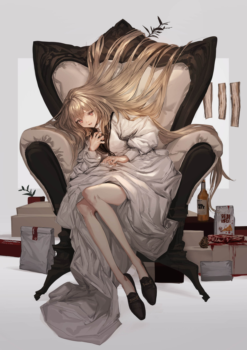 1girl absurdres alcohol bag bangs blanket blonde_hair blood bottle box brown_footwear dress food hand_on_own_chest highres holding_blanket lm7_(op-center) log long_hair looking_at_viewer meat no_legwear open_mouth original pinecone plant red_eyes simple_background sitting solo very_long_hair