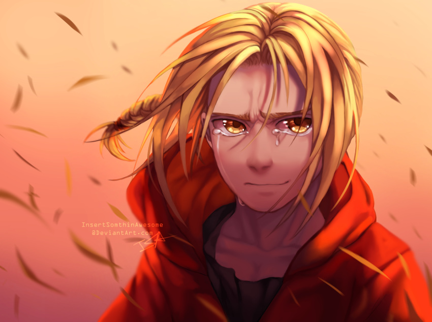 1boy artist_name bangs black_shirt blonde_hair braid closed_mouth collarbone crying crying_with_eyes_open edward_elric floating floating_hair floating_object fullmetal_alchemist highres hood hood_down hoodie insertsomthinawesome leaf long_hair looking_at_viewer male_focus red_hoodie sad shirt solo sunset tears upper_body yellow_eyes