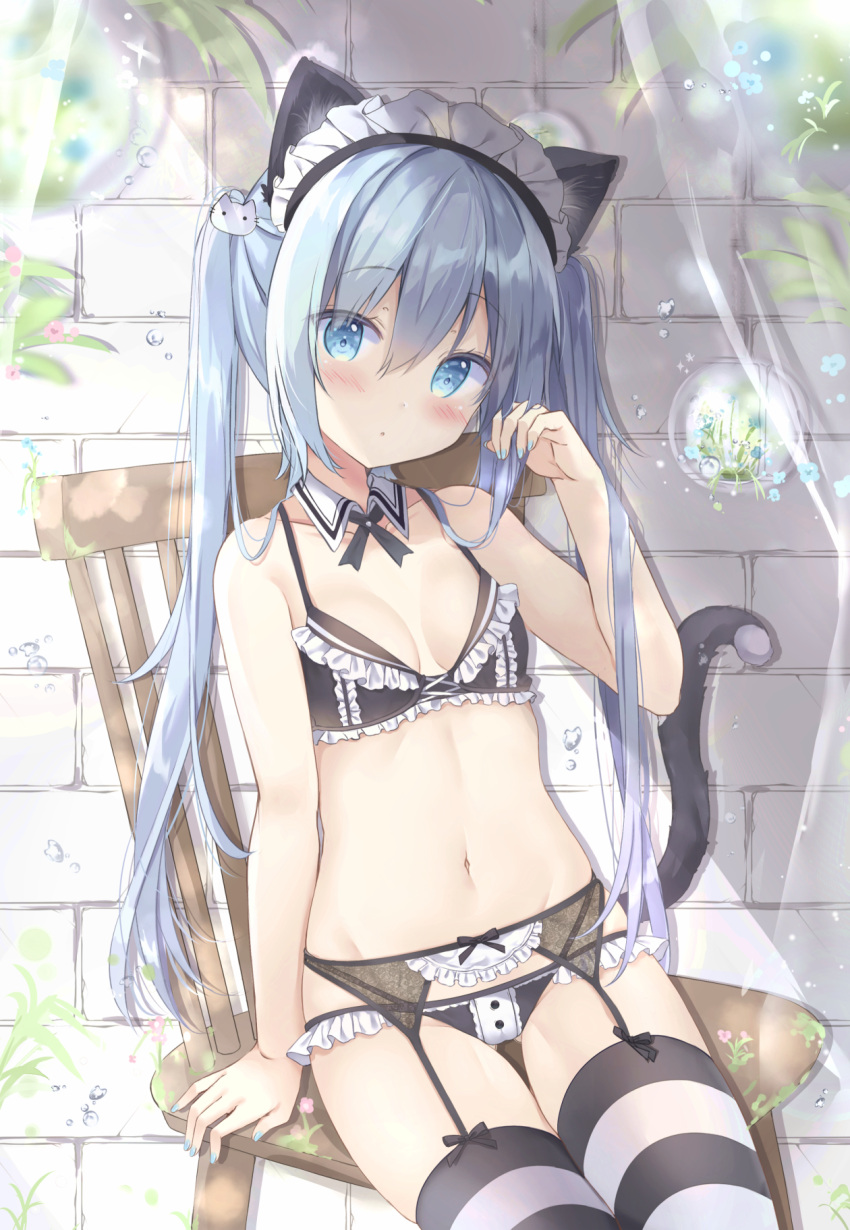 1girl :o animal_ear_fluff animal_ears arm_support bangs bare_arms bare_shoulders black_bra black_panties blue_eyes blue_hair blue_neckwear blush bra brick_wall cat_ears cat_girl cat_hair_ornament cat_tail chair collar collarbone commentary_request detached_collar eyebrows_visible_through_hair flower frilled_bra frilled_panties frills garter_belt groin hair_between_eyes hair_ornament highres long_hair nail_polish navel on_chair original panties parted_lips pink_flower saeki_sora sitting solo striped striped_legwear tail thigh-highs twintails underwear underwear_only very_long_hair white_collar wing_collar