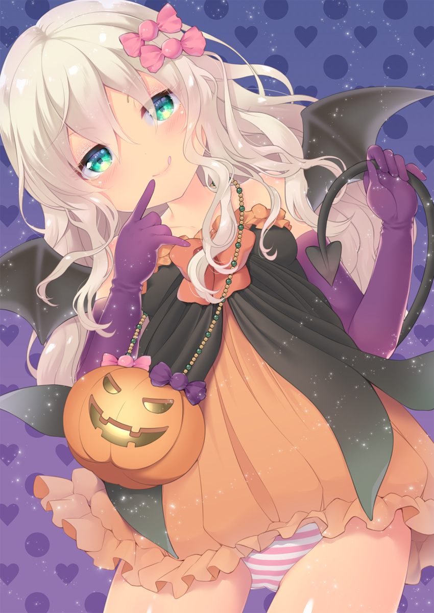 1girl :q ass_visible_through_thighs bare_shoulders black_wings blue_background blush bow closed_mouth collarbone demon_girl demon_tail demon_wings dress dutch_angle elbow_gloves gloves gradient gradient_background grecale_(kantai_collection) green_eyes grey_hair halloween hands_up heart highres jack-o'-lantern kantai_collection long_hair looking_at_viewer orange_bow orange_dress panties purple_background purple_gloves signature smile solo strapless strapless_dress striped striped_panties tail tail_grab tongue tongue_out tsukimochikuriko_(tsukimochi_k) underwear wings