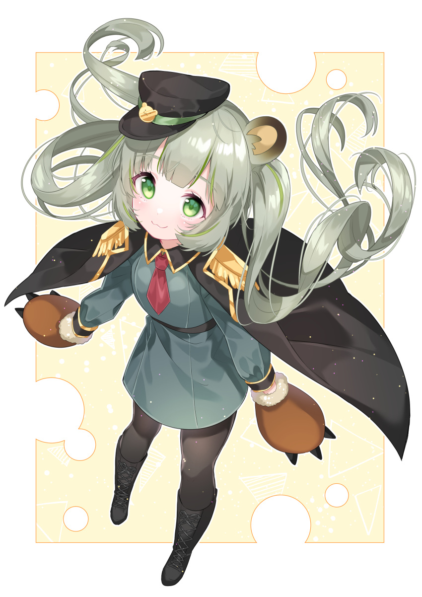 1girl :3 absurdres animal_ears animare bangs bear_ears black_cape black_footwear black_headwear black_legwear blush boots breasts brown_gloves cape chitetan closed_mouth commentary_request cross-laced_footwear dress epaulettes eyebrows_visible_through_hair full_body fur-trimmed_gloves fur_trim gloves green_dress green_eyes green_hair grey_hair hat highres hinokuma_ran lace-up_boots long_hair long_sleeves multicolored_hair necktie pantyhose paw_gloves paws peaked_cap red_neckwear short_necktie small_breasts solo standing streaked_hair tilted_headwear twintails very_long_hair virtual_youtuber