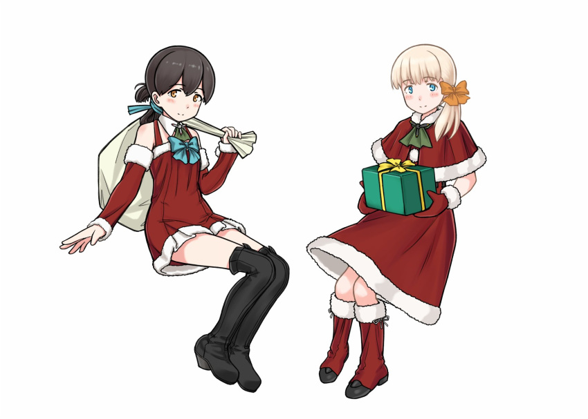 2girls alternate_costume bangs black_footwear black_hair black_legwear blonde_hair blue_eyes blue_ribbon blunt_bangs boots box brown_eyes capelet commentary_request detached_sleeves dress folded_ponytail full_body fur-trimmed_boots fur-trimmed_capelet fur-trimmed_dress fur_trim gift gift_box gloves hair_ornament hair_ribbon highres invisible_chair kantai_collection kasuga_maru_(kantai_collection) long_hair looking_at_viewer multiple_girls porusasu red_capelet red_dress red_footwear red_gloves ribbon shin'you_(kantai_collection) simple_background sitting smile swept_bangs thigh-highs thigh_boots white_background yellow_ribbon