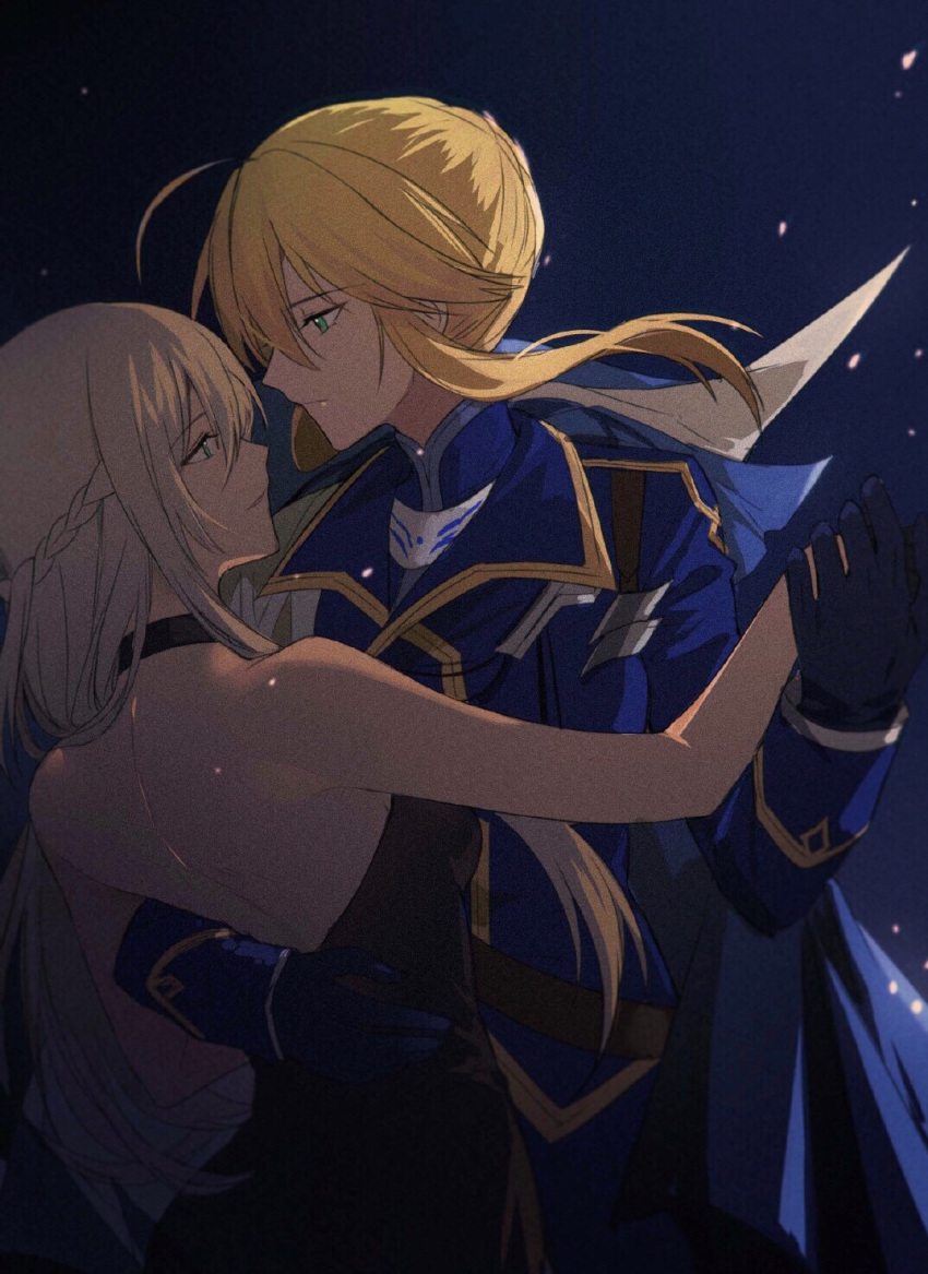 2girls ahoge arm_around_waist artoria_pendragon_(all) artoria_pendragon_(lancer) bare_shoulders blonde_hair blue_gloves braid choker cowboy_shot dancing dress eye_contact fate/grand_order fate_(series) french_braid gloves green_eyes grey_hair highres looking_at_another morgan_le_fay_(fate) multiple_girls shoulders strapless strapless_dress yorukun