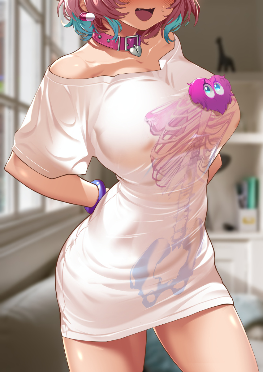 1girl absurdres bare_shoulders bedroom blue_hair blush bracelet breasts bsue collar collarbone fang head_out_of_frame heart heart-shaped_lock heart_collar highres idolmaster idolmaster_cinderella_girls indoors jewelry large_breasts multicolored_hair off-shoulder_shirt off_shoulder open_mouth pill_earrings pink_collar pink_hair shirt short_hair short_sleeves skeleton_print smile solo standing t-shirt two-tone_hair white_shirt yumemi_riamu