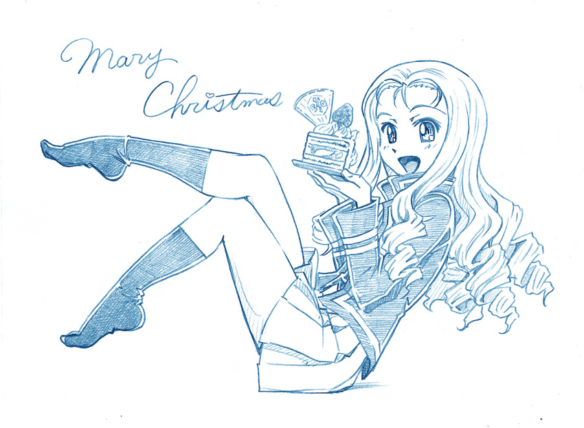 1girl :d bbb_(friskuser) bc_freedom_(emblem) bc_freedom_military_uniform cake commentary cursive drill_hair emblem english_text food from_side girls_und_panzer holding_saucer jacket legs_up long_hair long_sleeves looking_at_viewer marie_(girls_und_panzer) merry_christmas military military_uniform miniskirt open_mouth pleated_skirt sitting skirt smile socks solo uniform