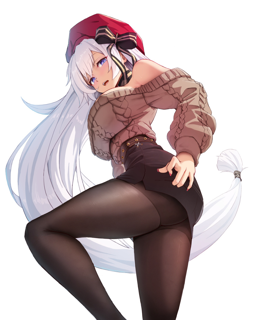 1girl absurdres aran_sweater azur_lane bangs bare_shoulders belfast_(azur_lane) belfast_(shopping_with_the_head_maid)_(azur_lane) beret black_legwear black_skirt blue_eyes breasts brown_sweater choker eyebrows_visible_through_hair fingernails from_below happymonk hat highres large_breasts long_hair looking_at_viewer looking_down low-tied_long_hair off-shoulder_sweater off_shoulder open_mouth pantyhose pencil_skirt red_headwear red_nails simple_background skirt solo sweater thighs very_long_hair white_background white_hair