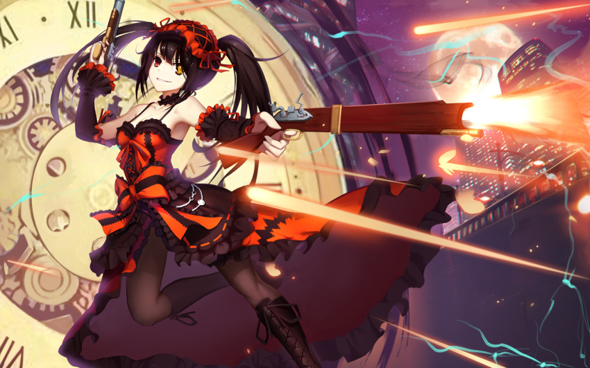 1girl 300_heroes artist_request black_hair boots breasts clock clock_eyes date_a_live detached_sleeves dress gothic_lolita grin gun hairband heterochromia holding holding_gun holding_weapon lolita_fashion lolita_hairband long_hair medium_breasts moon night red_eyes roman_numerals smile solo symbol-shaped_pupils tokisaki_kurumi twintails weapon yellow_eyes