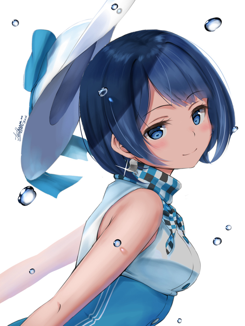 1girl bangs blue_eyes blue_hair blue_scarf breasts checkered checkered_scarf commentary_request earrings eyebrows_visible_through_hair highres jewelry looking_at_viewer medium_breasts scarf short_hair simple_background smile solo suntory suntory_nomu virtual_youtuber white_background yukinoshiro