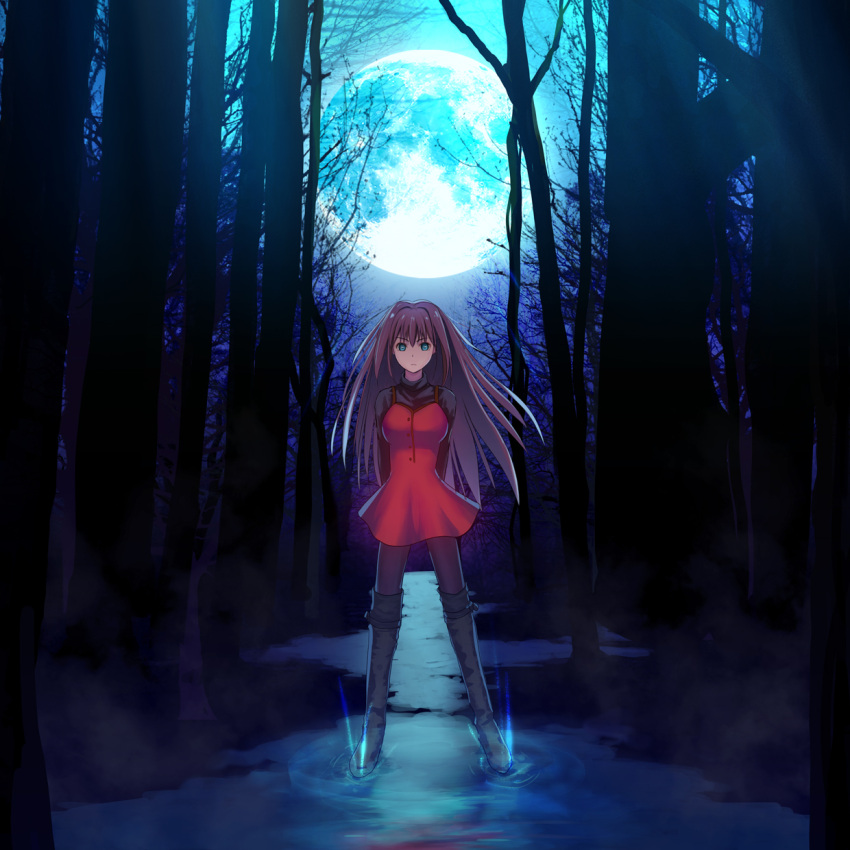 1girl ame-kan aozaki_aoko arms_behind_back blue_eyes boots breasts brown_hair dress forest full_moon highres knee_boots large_breasts long_hair mahou_tsukai_no_yoru moon nature pantyhose red_dress solo sweater turtleneck turtleneck_sweater type-moon