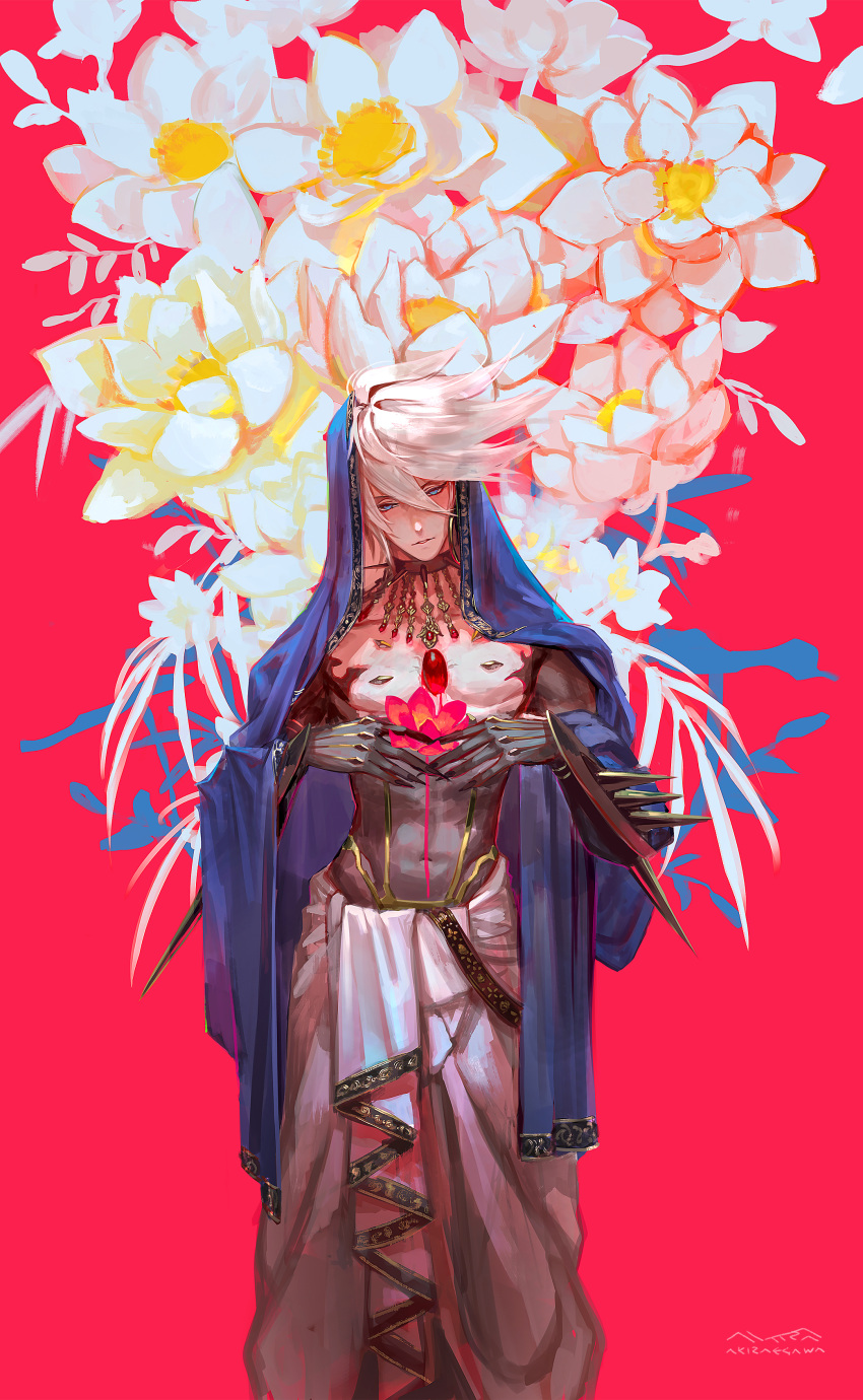1boy absurdres black_gloves black_nails blue_eyes collar covered_navel egawa_akira fate/grand_order fate_(series) fingernails flower gloves hair_between_eyes highres holding holding_flower hood hood_up karna_(fate) long_fingernails male_focus parted_lips red_background red_flower signature solo spiked_collar spikes standing white_flower white_hair yellow_flower