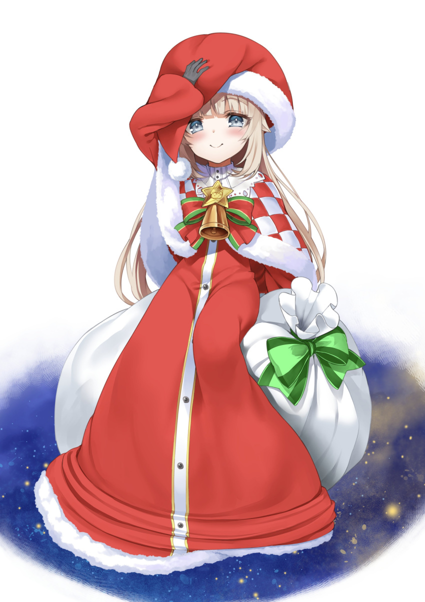 .live 1girl absurdres arm_up bag bell blue_eyes blush full_body gloves hat highres looking_at_viewer merry_milk merry_milk_no_mori murata_taichi santa_costume santa_hat simple_background smile star virtual_youtuber white_background white_hair