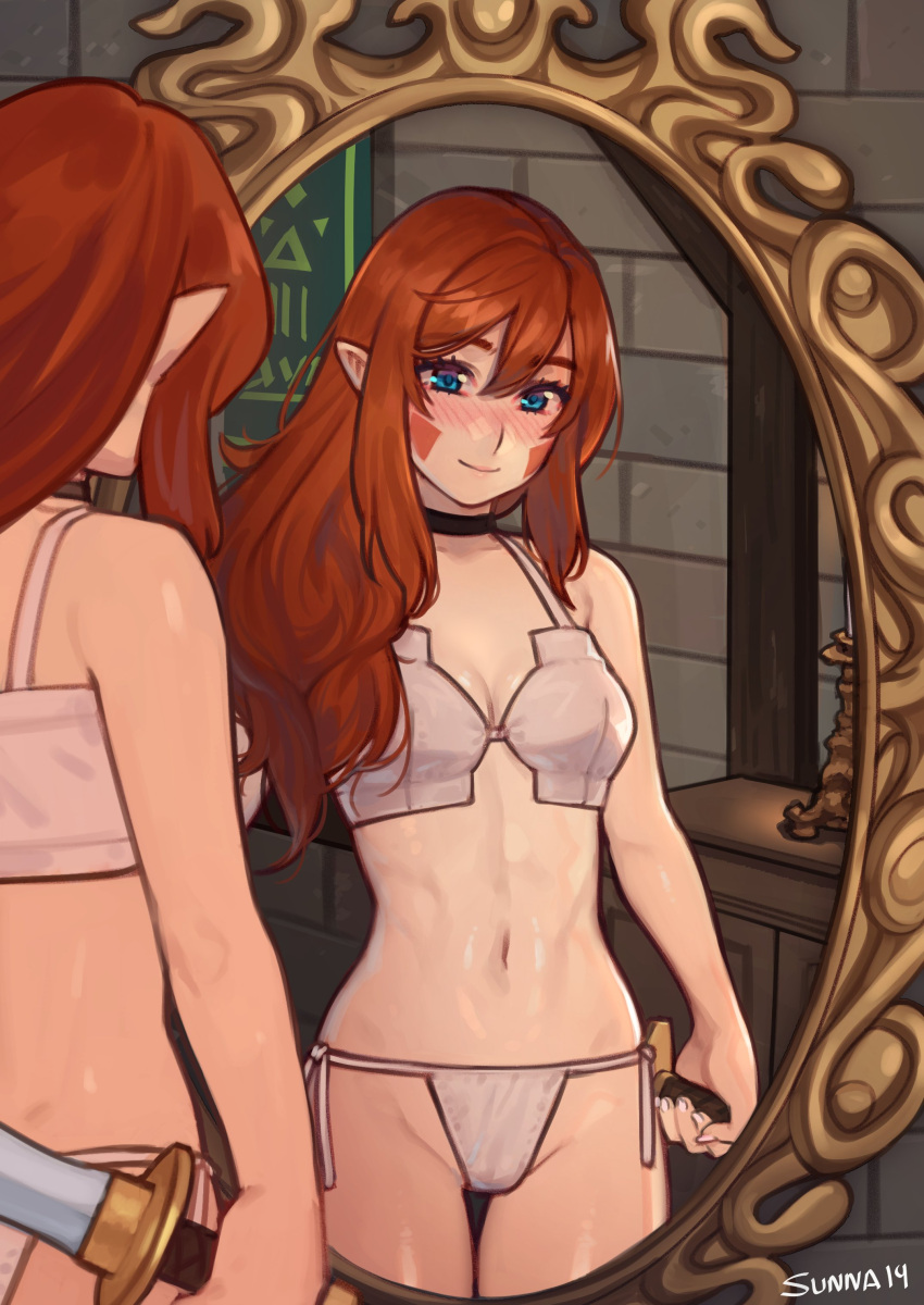 1girl absurdres blue_eyes blush bra choker closed_mouth elf highres holding holding_weapon indoors long_hair looking_at_viewer mirror navel original panties pointy_ears redhead reflection side-tie_panties smile solo sunna_(nilsunna) underwear underwear_only weapon white_bra white_panties