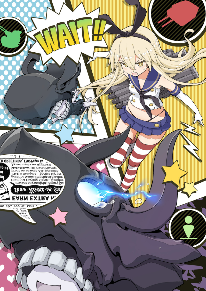 1girl aka_ringo black_neckwear black_panties blonde_hair blue_sailor_collar blue_skirt commentary_request crop_top elbow_gloves gloves glowing glowing_eye hair_between_eyes highleg highleg_panties highres kantai_collection long_hair microskirt neckerchief open_mouth panties pleated_skirt pt_imp_group sailor_collar shimakaze_(kantai_collection) shinkaisei-kan skirt striped striped_legwear thigh-highs underwear white_gloves yellow_eyes