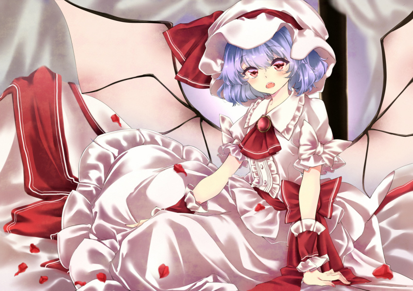 1girl arm_support bangs bat_wings blue_hair blush commentary_request dress eyebrows_visible_through_hair fang frilled_shirt_collar frills hat hat_ribbon looking_at_viewer meji_aniki mob_cap open_mouth partial_commentary petals puffy_short_sleeves puffy_sleeves red_eyes red_ribbon red_sash remilia_scarlet ribbon rose_petals sash short_hair short_sleeves sitting solo touhou white_dress white_headwear wings wrist_cuffs