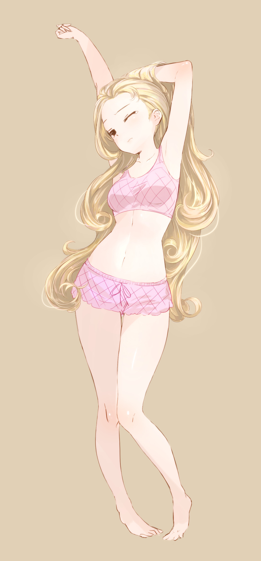1girl absurdres arm_up armpits blonde_hair highres long_hair one_eye_closed original simple_background stretch underwear youngt