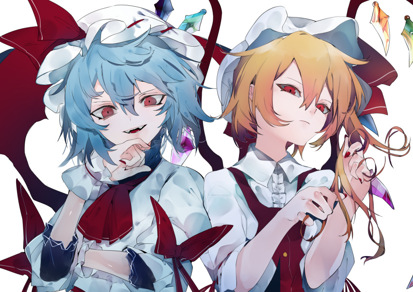 arm_garter arm_ribbon bat_wings blonde_hair blue_hair bow buttons closed_mouth collared_dress collared_shirt commentary_request crystal diamond_(shape) dress fingernails flandre_scarlet frilled_cuffs hair_between_eyes hair_tucking hair_twirling half-closed_eyes hand_on_own_chin hands_up hat hat_ribbon head_tilt high_collar highres ikurauni long_fingernails looking_at_viewer looking_down mob_cap nail_polish one_side_up open_mouth pinafore_dress popped_collar puffy_sleeves red_bow red_dress red_eyes red_nails red_neckwear red_ribbon remilia_scarlet ribbon scowl serious shirt short_hair short_hair_with_long_locks siblings sidelocks simple_background sisters symbol-shaped_pupils teeth touhou undershirt upper_body white_background white_dress wing_collar wings wrist_cuffs