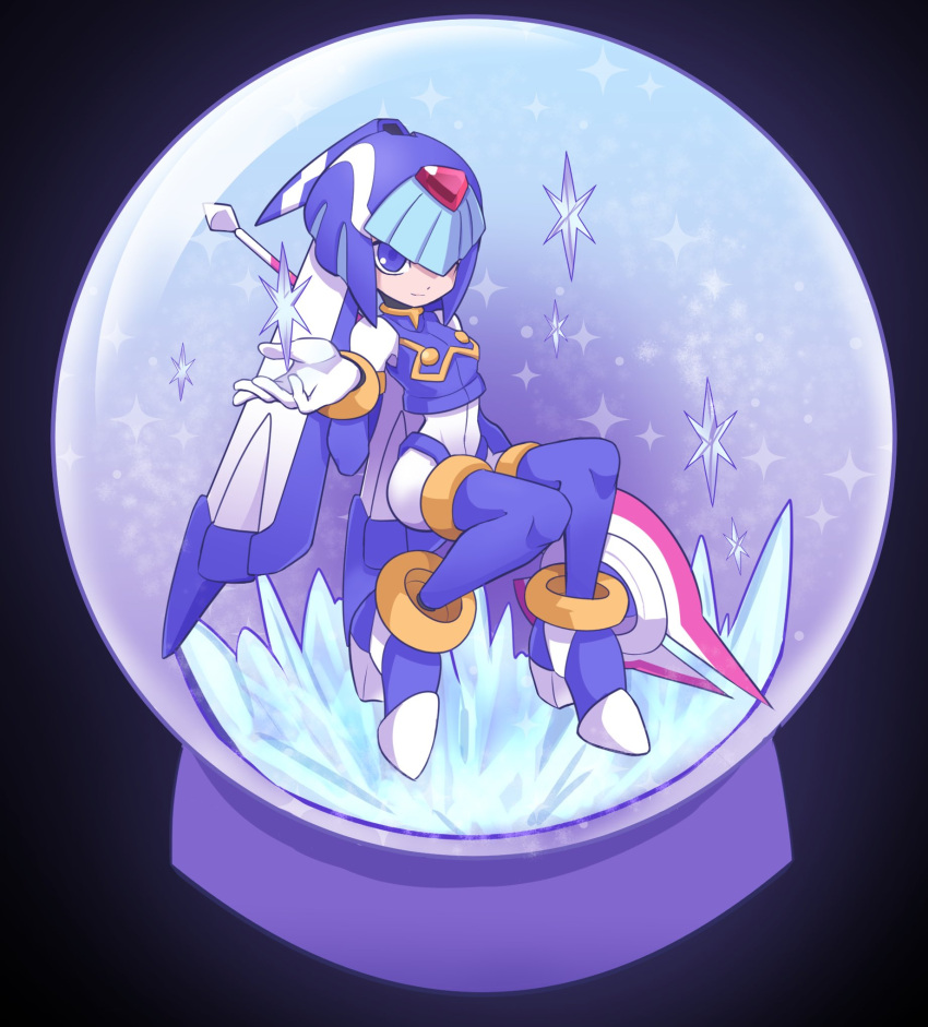 1girl android blue_eyes boots helmet high_heels highres holding holding_weapon ice leviathan_(rockman) omeehayo polearm rockman rockman_zero sitting smile snow_globe solo spear thigh-highs thigh_boots weapon