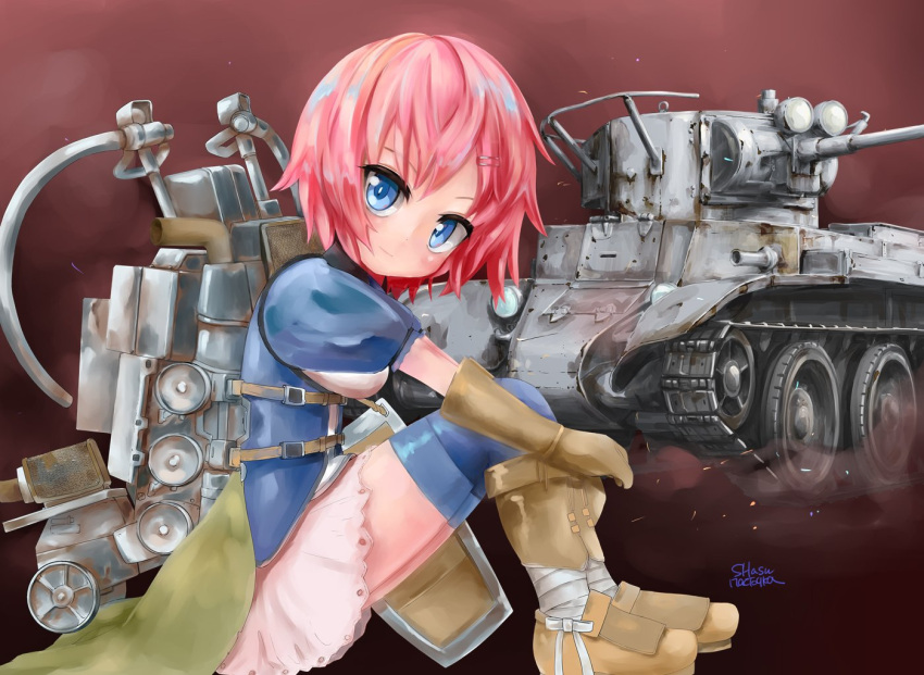 1girl artist_name backpack bag blue_eyes blue_legwear blue_shirt boots brown_footwear brown_gloves bt-7 closed_mouth commentary from_side gloves ground_vehicle hair_ornament hairclip leg_hug looking_at_viewer mecha_musume military military_vehicle miniskirt motor_vehicle namesake original personification pink_hair puffy_short_sleeves puffy_sleeves shasu_(lastochka) shirt short_sleeves signature sitting skirt smile solo tank thigh-highs white_skirt