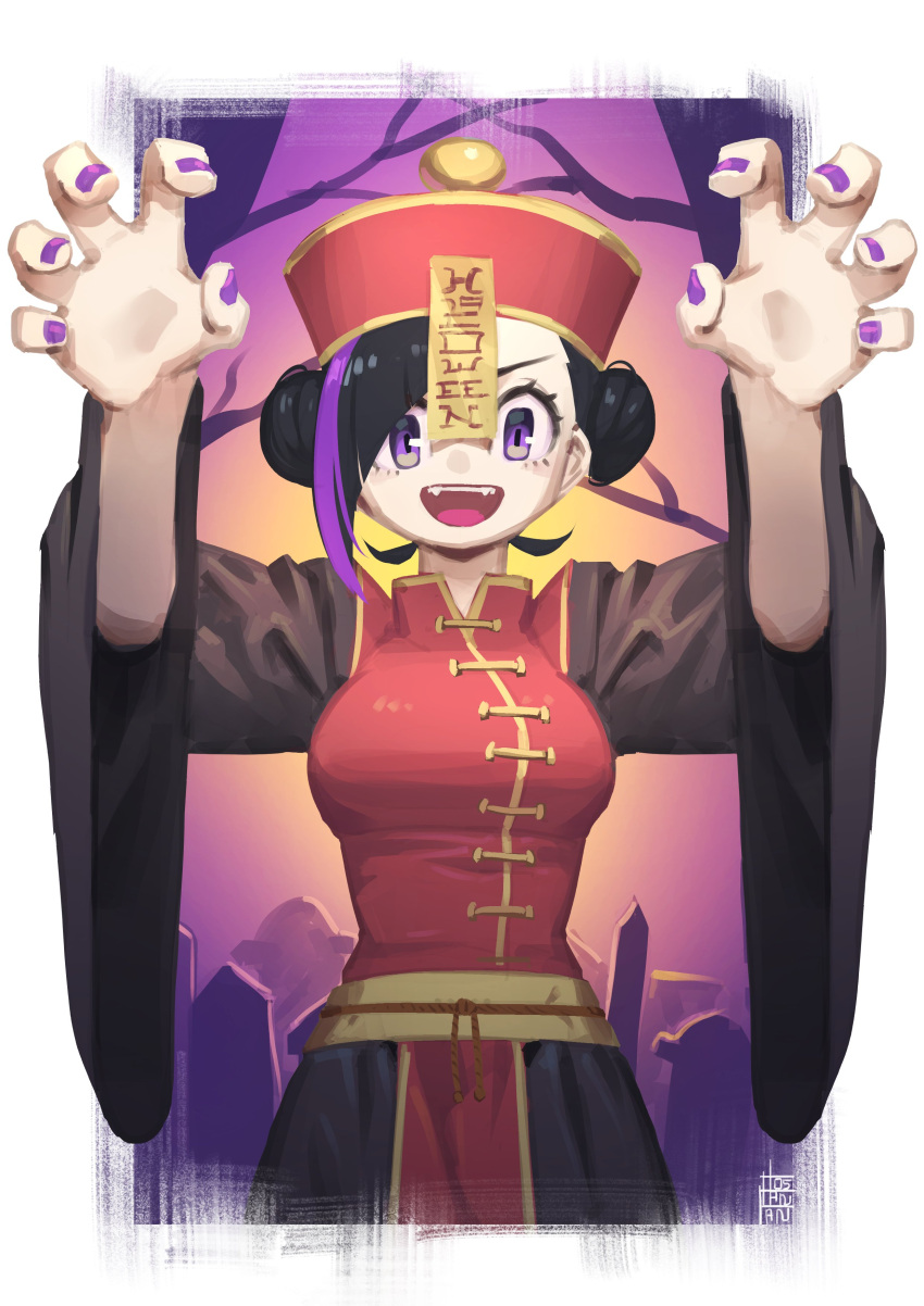 1girl absurdres black_hair chinese_clothes claw_pose double_bun fangs hair_bun highres jiangshi long_sleeves multicolored multicolored_hair open_mouth original purple_hair purple_nails signature solo talisman tombstone tongue tostantan violet_eyes