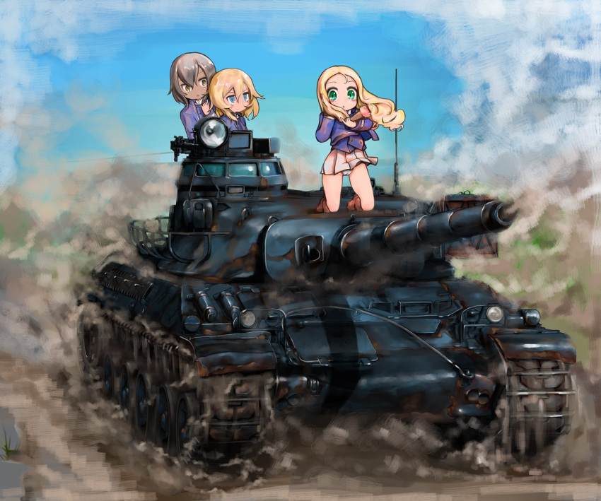 3girls :o amx_30b andou_(girls_und_panzer) bc_freedom_military_uniform black_eyes black_footwear black_hair blonde_hair blue_eyes blue_jacket blue_sky blue_vest boots clear_sky commentary_request dark_skin day dress_shirt drill_hair dust_cloud fan folding_fan girls_und_panzer green_eyes ground_vehicle hand_in_hair high_collar holding holding_fan jacket kneeling long_hair long_sleeves looking_at_another looking_at_viewer marie_(girls_und_panzer) medium_hair messy_hair military military_uniform military_vehicle miniskirt motor_vehicle multiple_girls oshida_(girls_und_panzer) panties pantyshot pantyshot_(kneeling) parted_lips pleated_skirt shasu_(lastochka) shirt skirt sky tank underwear uniform vest white_panties white_shirt white_skirt wind wind_lift