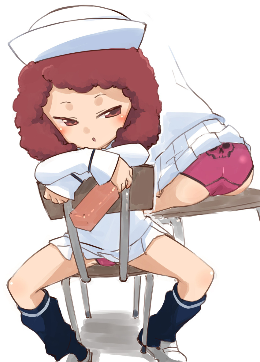 1girl absurdres back-print_panties beer_bottle blouse bottle chair commentary crotch_seam curly_hair dixie_cup_hat girls_und_panzer half-closed_eyes hamahara_yoshio hat highres holding holding_bottle loafers long_sleeves looking_at_viewer loose_socks military_hat miniskirt multiple_views navy_blue_legwear ooarai_naval_school_uniform open_mouth panties pleated_skirt print_legwear print_panties purple_panties red_eyes redhead rum_(girls_und_panzer) sailor sailor_collar school_chair school_uniform shoes short_hair simple_background sitting sitting_backwards skirt skull_print socks solo underwear white_background white_blouse white_footwear white_headwear white_skirt