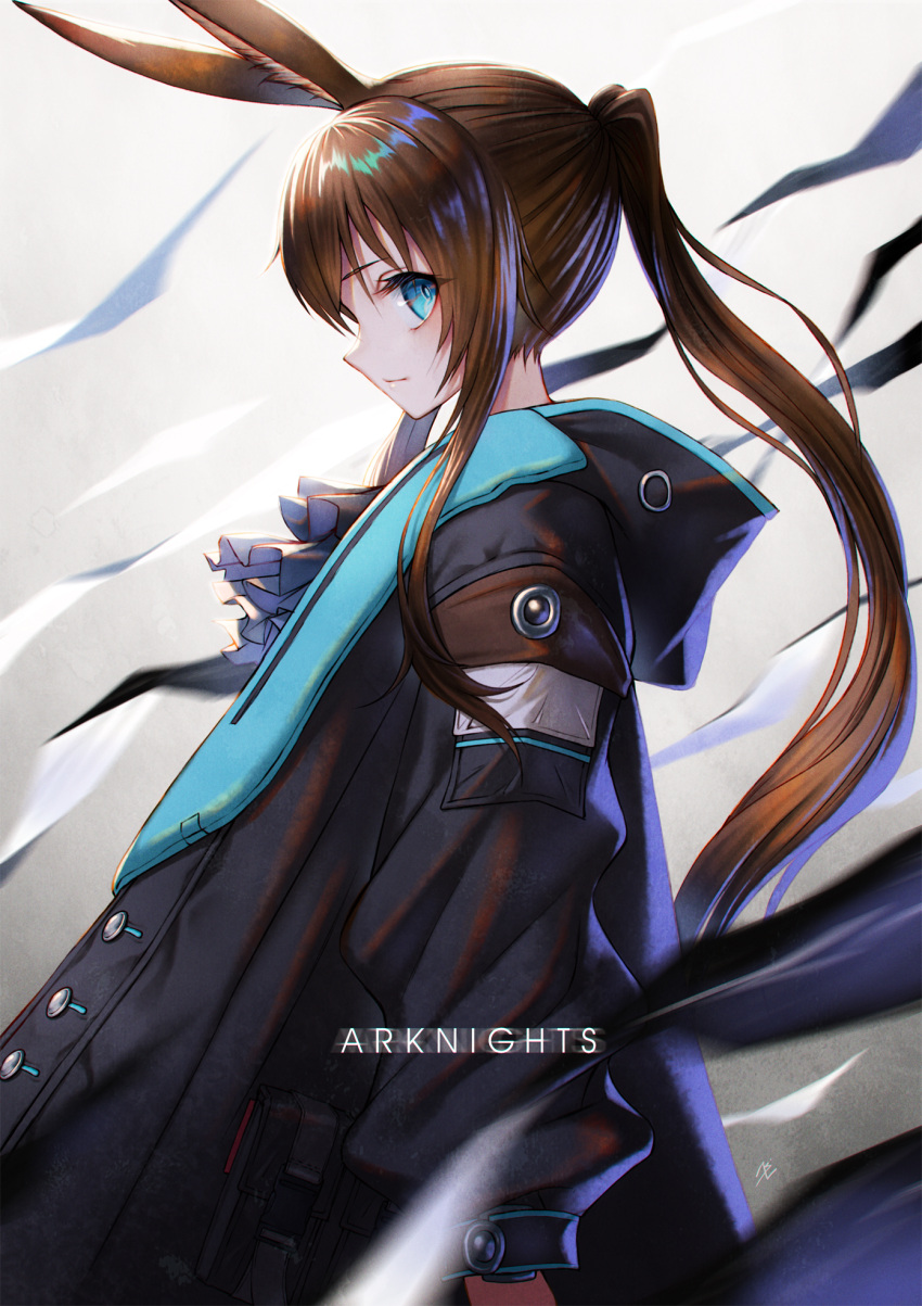 1girl amiya_(arknights) animal_ears arknights arm_at_side bangs black_coat blue_eyes brown_hair coat copyright_name frilled_neckwear grey_background highres hood hood_down long_hair ponytail pouch profile rabbit_ears sho_(sumika) sidelocks sideways_glance simple_background smile solo standing