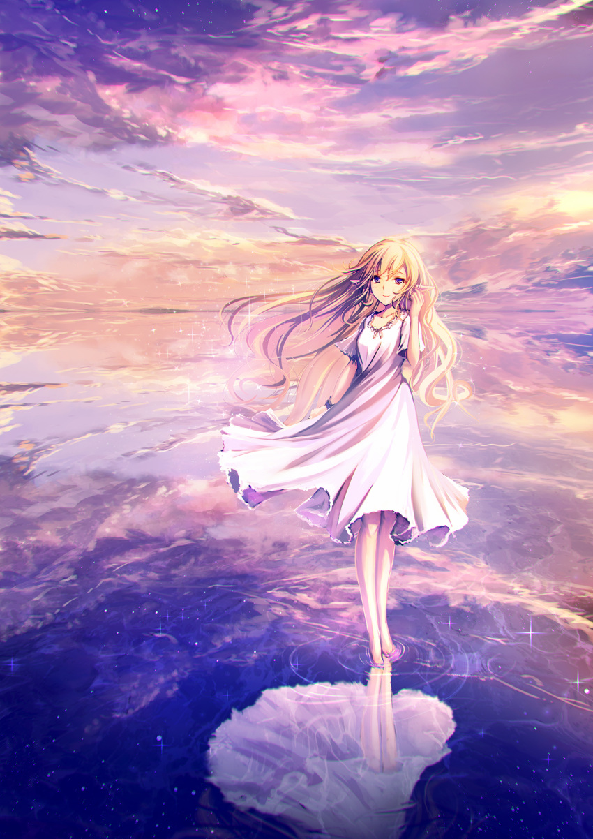1girl adjusting_hair air_bubble blonde_hair breasts bubble clouds cloudy_sky collarbone commentary_request dress eyebrows_visible_through_hair floating_hair hair_between_eyes highres long_hair looking_at_viewer original pointy_ears reflection reflective_water short_sleeves sky small_breasts smile solo sparkle standing standing_on_liquid tenmaso violet_eyes wading water white_dress