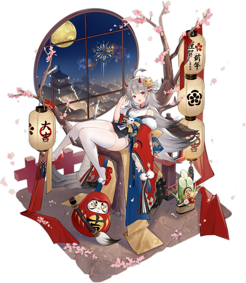 1girl :d aerial_fireworks ahoge azur_lane bamboo bare_shoulders daruma_doll fireworks full_moon gradient_hair grey_hair hair_ornament hand_up hibiki_(azur_lane) highres horns japanese_clothes lantern long_hair looking_at_viewer moon multicolored_hair obi off_shoulder official_art ootsuki_momiji open_mouth paintbrush paper_lantern platform_footwear red_eyes sash shirt sitting sleeveless sleeveless_shirt smile solo thigh-highs transparent_background tree very_long_hair white_legwear white_shirt wide_sleeves window