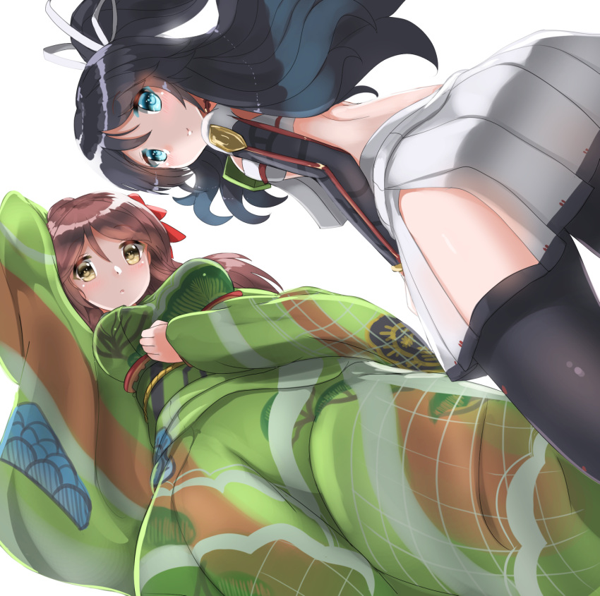 2girls amagi_(kantai_collection) arm_up armor asymmetrical_gloves bangs black_hair blue_eyes breasts brown_eyes brown_hair camouflage closed_mouth colored_eyelashes commentary_request elbow_gloves from_behind from_below furisode gloves hair_between_eyes hair_ornament hair_ribbon high_ponytail highres hip_vent japanese_clothes kantai_collection katsuragi_(kantai_collection) kimono large_breasts leaf_hair_ornament long_hair midriff multiple_girls obi parted_bangs pink_lips pleated_skirt ponytail redundant-cat ribbon sash skirt small_breasts smile standing white_background white_ribbon wide_ponytail