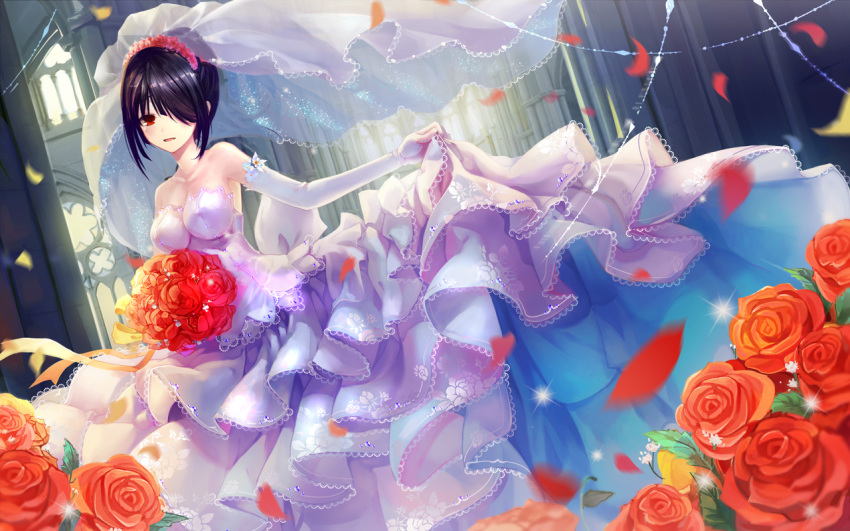 1girl 300_heroes artist_request bare_shoulders black_hair bouquet breasts bridal_veil bride date_a_live dress flower gloves hair_over_one_eye large_breasts looking_at_viewer open_mouth petals red_eyes smile solo tokisaki_kurumi veil wedding_dress white_dress white_gloves