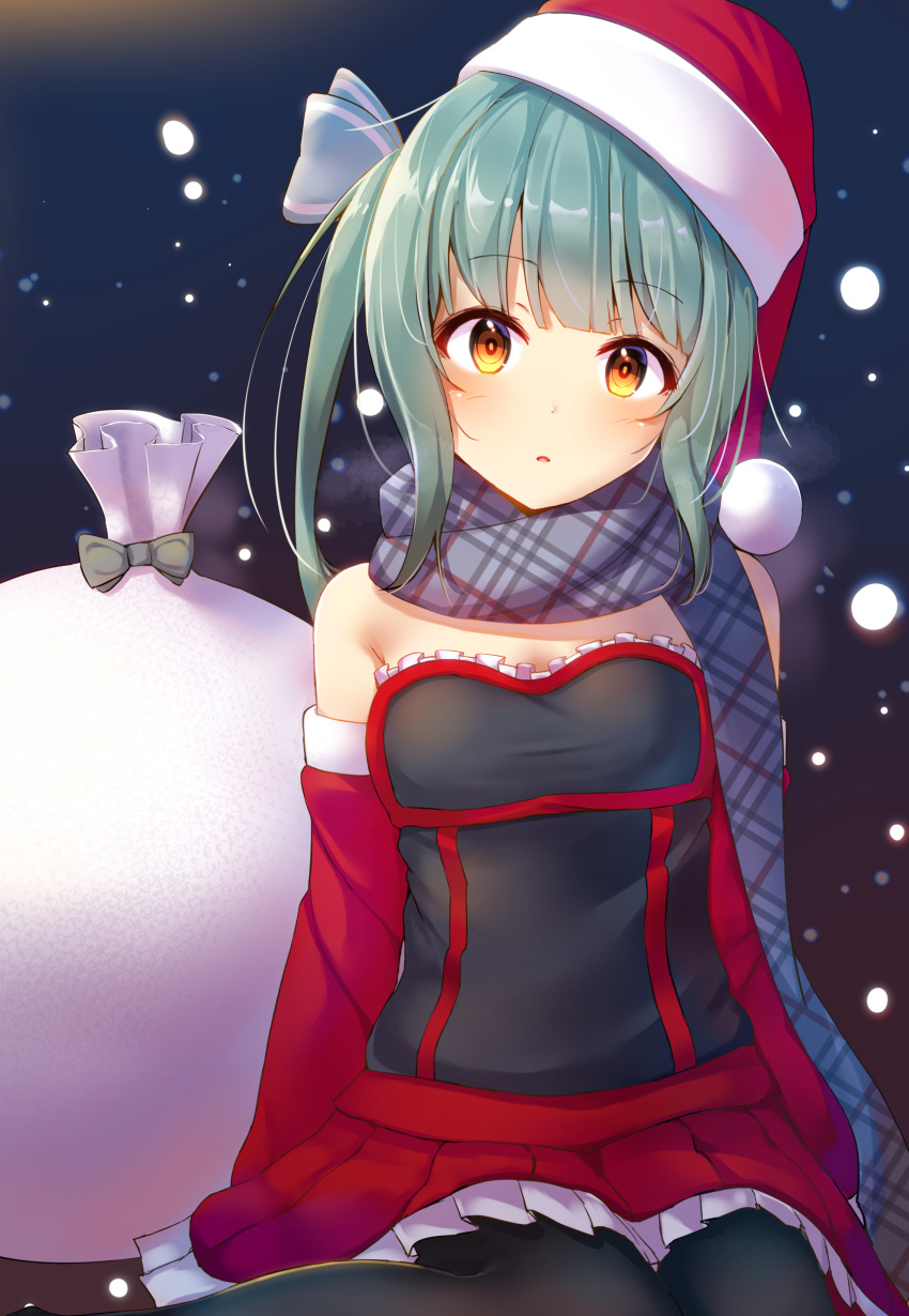 1girl absurdres bare_shoulders black_legwear blue_bow blush bow breasts brown_eyes christmas commentary_request detached_sleeves frilled_skirt frills green_hair grey_scarf hair_bow hat highres long_hair long_sleeves looking_at_viewer minarai_shachou original pantyhose parted_lips plaid plaid_scarf pleated_skirt red_headwear red_skirt red_sleeves sack santa_costume santa_hat scarf sidelocks skirt small_breasts solo strapless striped striped_bow unmoving_pattern