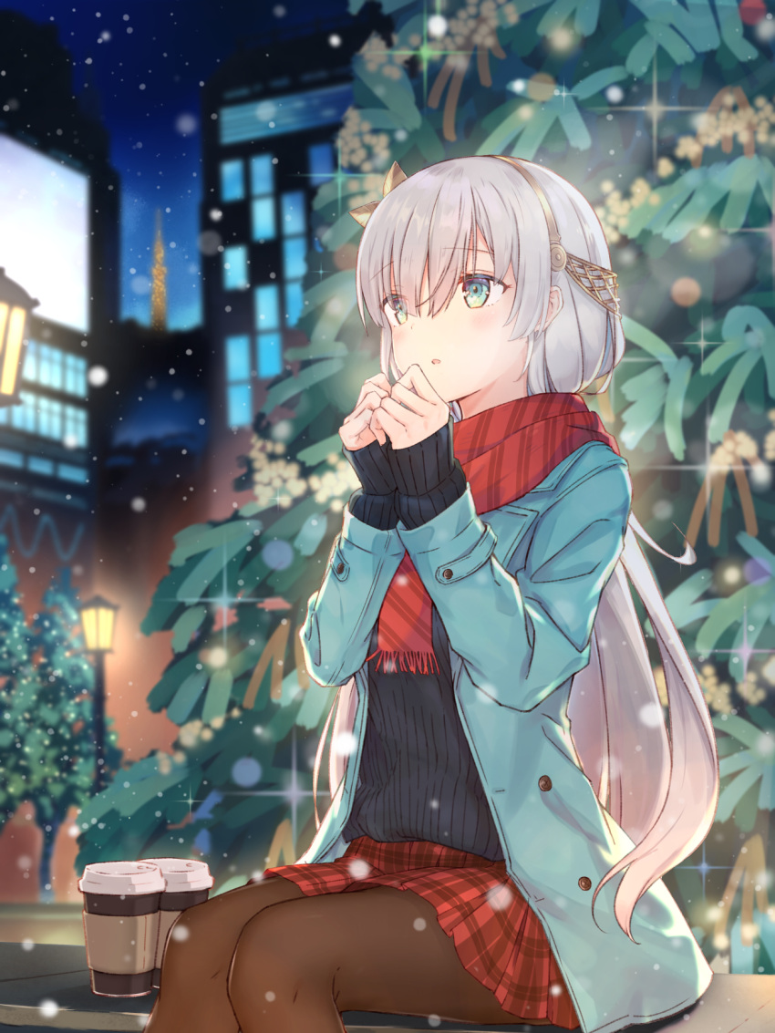 1girl anastasia_(fate/grand_order) bangs black_legwear black_sweater blue_eyes blue_jacket blurry blurry_background building christmas christmas_tree commentary_request eyebrows_visible_through_hair fate/grand_order fate_(series) green_eyes hairband highres jacket kyaroru light long_hair long_sleeves outdoors pantyhose red_scarf red_skirt scarf silver_hair sitting skirt solo sweater very_long_hair