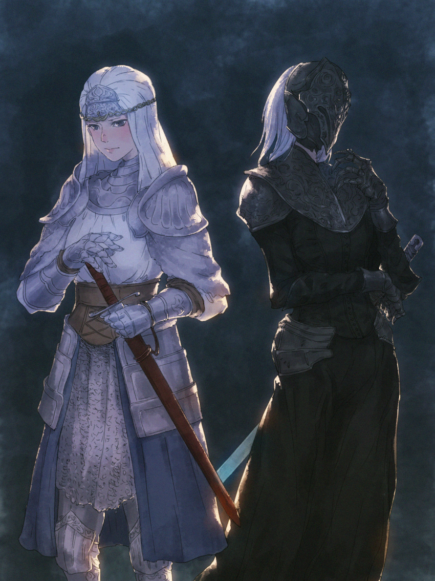 absurdres armor black_armor black_background black_skirt dark_souls_iii gauntlets helmet highres holding holding_sword holding_weapon long_sleeves sheath sheathed shinoharatotsuki skirt souls_(from_software) sword weapon white_hair