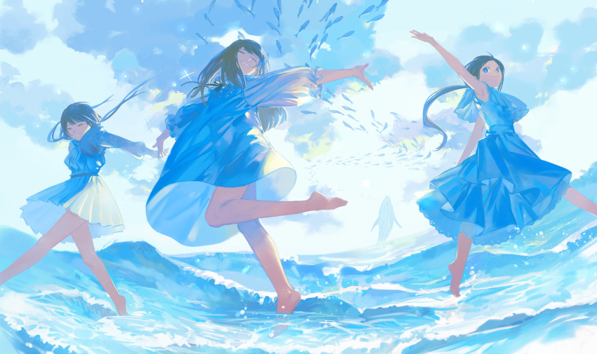 3girls absurdres animal arm_up barefoot black_hair blue_dress blue_eyes blue_theme closed_eyes clouds day dress fish highres leg_up long_hair long_sleeves low_twintails multiple_girls ocean original outdoors outstretched_arms pofu31 ponytail puffy_sleeves sky sleeveless sleeveless_dress smile splashing spread_arms surreal twintails wading water