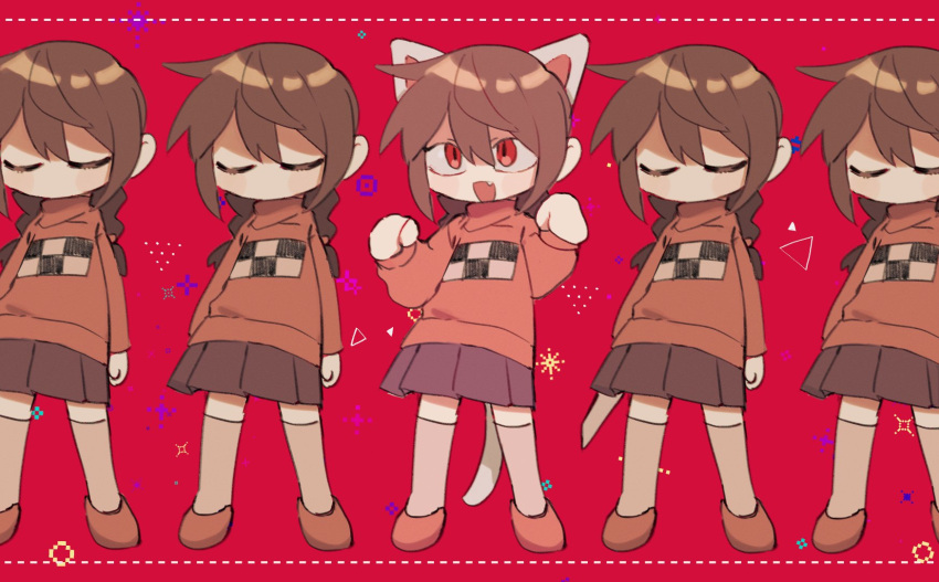 animal_ears braid brown_hair cat_ears cat_tail closed_eyes closed_mouth fang highres hrdrifter kitchen_knife long_hair long_sleeves madotsuki multiple_girls open_mouth paw_pose pixels red_background red_eyes shoes skirt socks sweater tail twin_braids yume_nikki