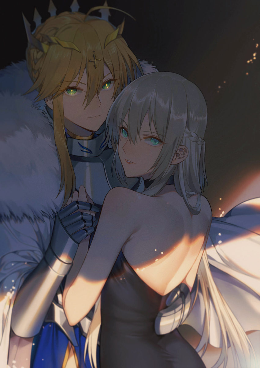2girls absurdres armor armored_dress artoria_pendragon_(all) artoria_pendragon_(lancer) bare_shoulders blonde_hair braid breastplate choker cowboy_shot crown fate/grand_order fate_(series) french_braid fur_trim gauntlets green_eyes grey_hair hair_between_eyes hand_on_another's_back highres holding_hands long_hair looking_at_viewer morgan_le_fay_(fate) multicolored_hair multiple_girls parted_lips sidelocks smile yorukun
