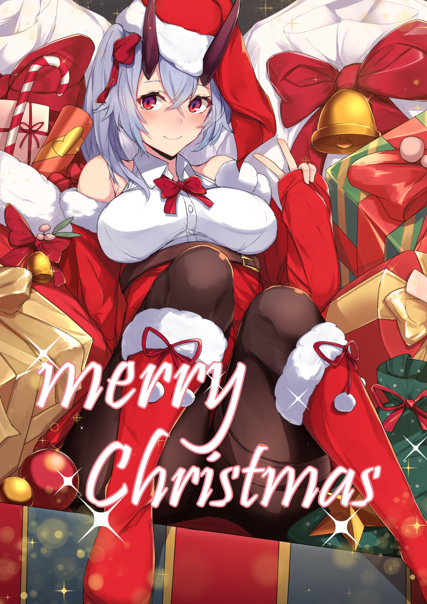 1girl absurdres bag bell blush bow breasts christmas christmas_tree dress fate/grand_order fate_(series) grey_hair hair_bow hat highres horns long_hair looking_at_viewer medium_breasts merry_christmas nanakaku open_mouth pantyhose red_bow red_eyes santa_costume santa_hat sitting sleeves_past_wrists smile solo tomoe_gozen_(fate/grand_order) v