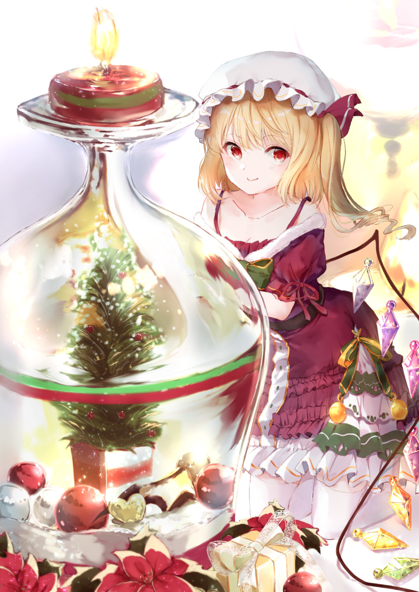 1girl alternate_costume bangs bare_shoulders blonde_hair bow box candle christmas christmas_dress christmas_ornaments christmas_tree closed_mouth collarbone crystal dress drill_hair flandre_scarlet flower frilled_dress frills fur_trim gift gift_box glass green_bow happiness_lilys hat hat_ribbon highres kneeling looking_to_the_side mob_cap petticoat poinsettia red_dress red_ribbon ribbon short_hair short_sleeves side_ponytail simple_background smile solo thigh-highs touhou white_background white_headwear white_legwear wings zettai_ryouiki