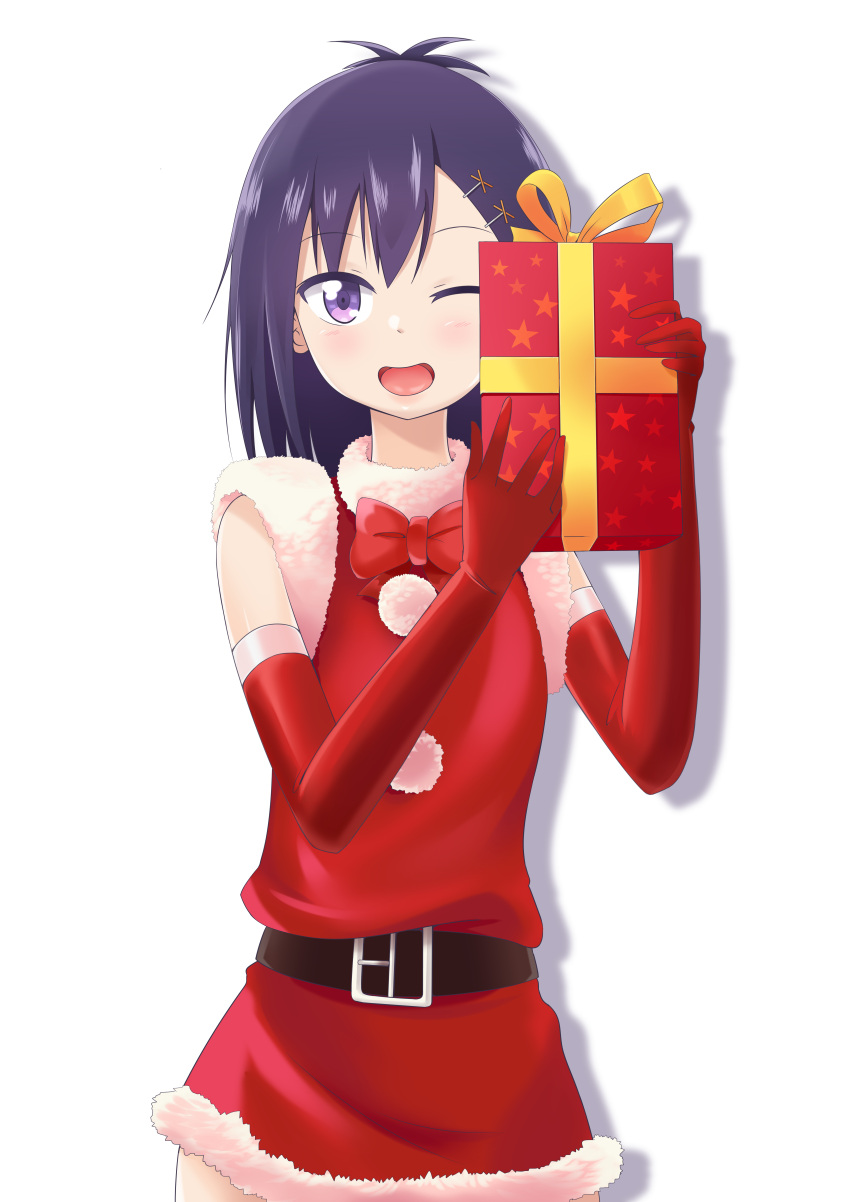 1girl ;d absurdres alternate_costume belt blush christmas commentary_request dress elbow_gloves fur-trimmed_dress gabriel_dropout gift gloves hair_between_eyes hair_ornament hairclip highres holding holding_gift looking_at_viewer medium_hair meng_jiang one_eye_closed open_mouth purple_hair red_dress red_gloves santa_costume sleeveless sleeveless_dress smile solo star star_print transparent_background tsukinose_vignette_april violet_eyes x_hair_ornament