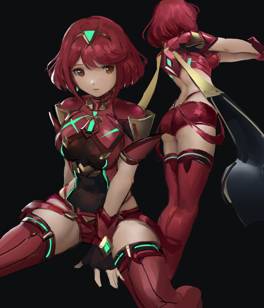 1girl arm_behind_back arm_up ass backless_outfit bangs bare_back between_legs black_background black_gloves breasts brown_eyes covered_navel elbow_pads eyebrows_visible_through_hair fingerless_gloves gloves hand_between_legs highres pyra_(xenoblade) large_breasts looking_at_viewer multiple_views outstretched_arms qosic red_legwear red_shorts redhead revealing_clothes short_hair short_shorts shorts simple_background sitting sketch standing swept_bangs thigh-highs tiara wariza xenoblade_(series) xenoblade_2