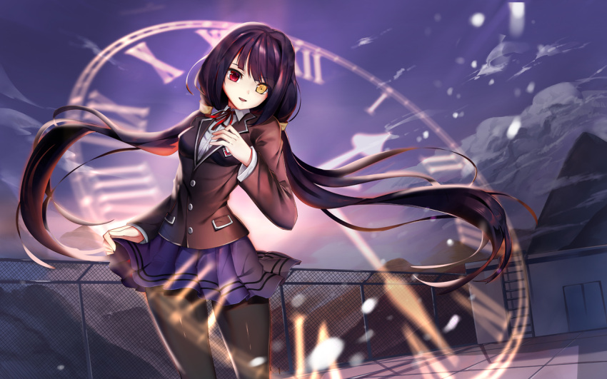 1girl 300_heroes artist_request black_hair blazer breasts clock_eyes date_a_live heterochromia jacket long_hair looking_at_viewer low_twintails medium_breasts open_mouth pantyhose red_eyes roman_numerals school_uniform shirt skirt smile solo symbol-shaped_pupils tokisaki_kurumi twintails white_shirt yellow_eyes