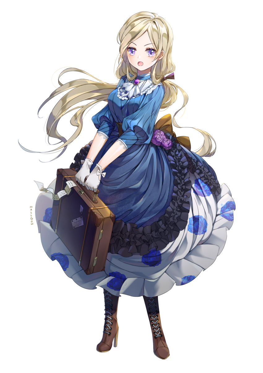 1girl :o artist_name blonde_hair blue_dress bonim boots bow brooch brown_footwear cross-laced_footwear dress dress_bow floral_print frilled_dress frills full_body gloves highres holding_suitcase jewelry long_hair looking_at_viewer original simple_background suitcase violet_eyes white_background white_gloves