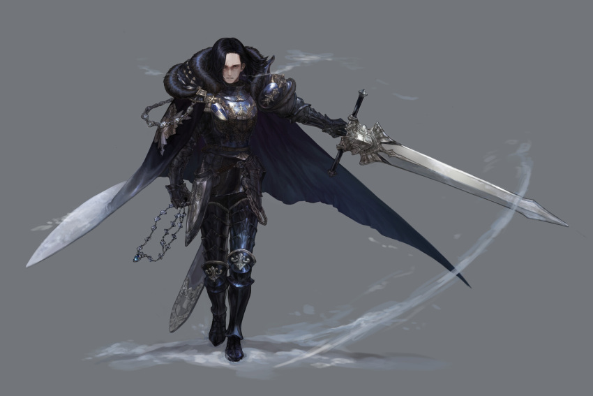 1boy armor black_eyes black_hair blue_cape cape fur_trim gauntlets gradient gradient_cape greaves grey_background highres holding holding_necklace holding_sword holding_weapon jewelry knight medium_hair necklace one_eye_closed original parted_lips pauldrons scabbard scar scar_across_eye sheath shield simple_background snow soapz_3535 solo sword walking weapon white_cape