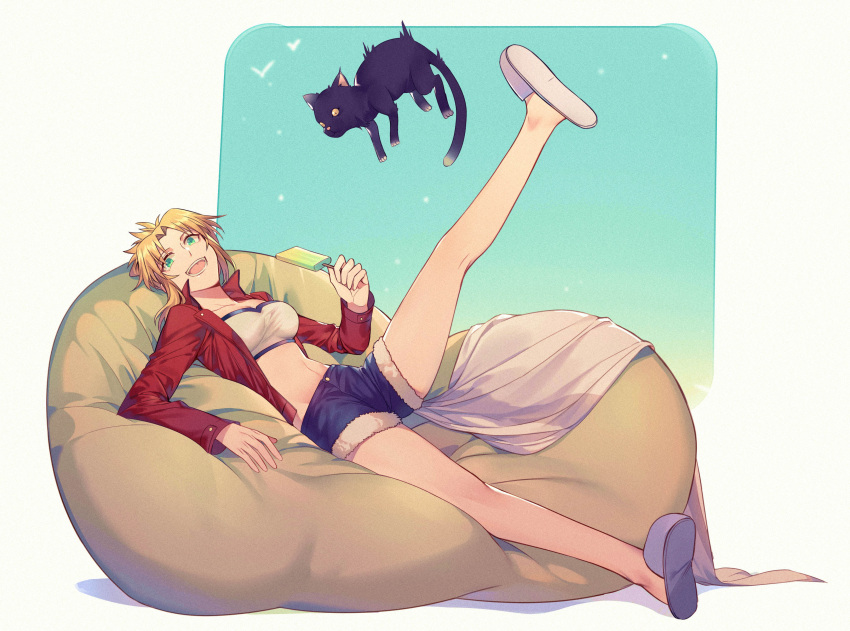 1girl :d absurdres bandeau bean_bag_chair black_cat blonde_hair breasts cat cutoffs denim denim_shorts fate/grand_order fate_(series) food green_eyes groin highres jacket leg_up legs looking_at_viewer lying midriff mordred_(fate)_(all) navel on_back open_mouth popsicle red_jacket short_hair shorts slippers small_breasts smile white_background yorukun
