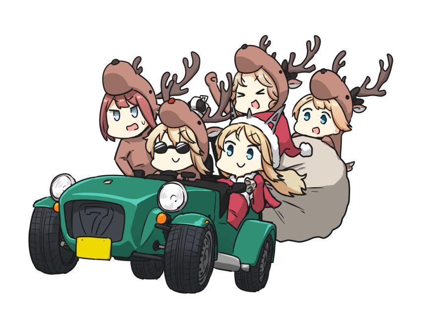 &gt;_&lt; 5girls alternate_costume animal_costume antlers ark_royal_(kantai_collection) bangs blonde_hair blue_eyes chibi christmas costume crown driving eyebrows_visible_through_hair ground_vehicle hamu_koutarou hat headgear highres janus_(kantai_collection) jervis_(kantai_collection) kantai_collection long_hair lotus_super_7 mini_crown motor_vehicle multiple_girls nelson_(kantai_collection) open_mouth redhead sack santa_costume santa_hat short_hair simple_background smile sunglasses sweat vehicle_request warspite_(kantai_collection) white_background