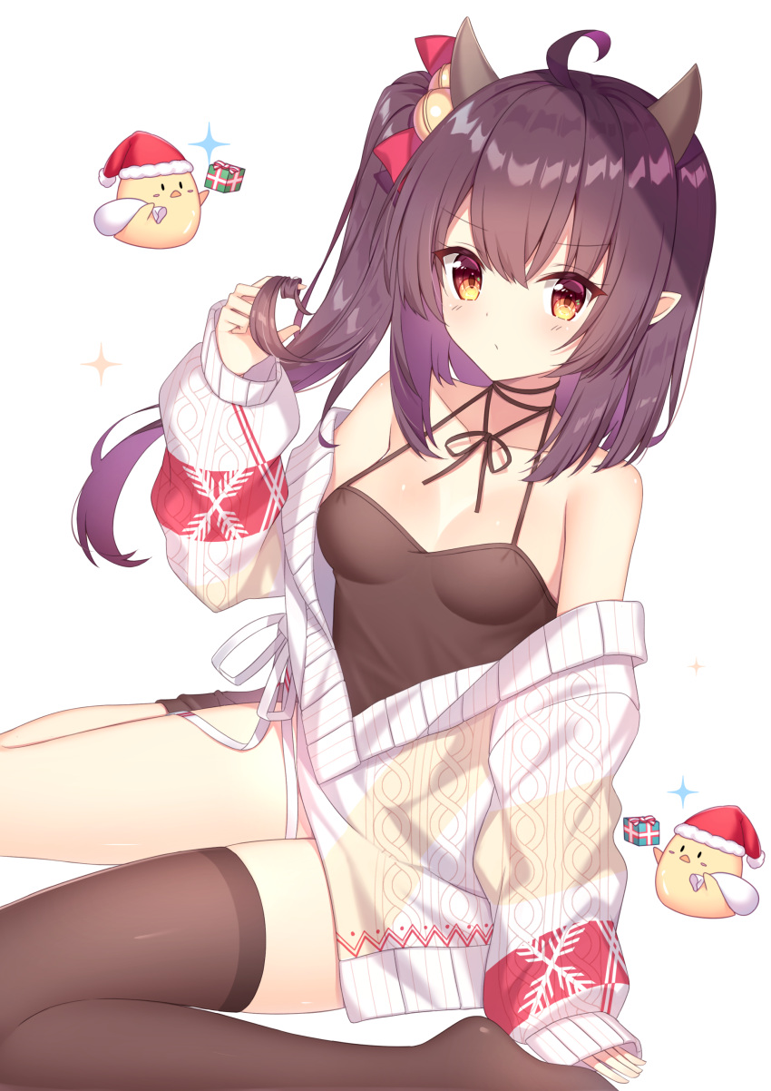 1girl absurdres ahoge aran_sweater azur_lane bangs bare_shoulders bell black_hair black_legwear blush bow box breasts brown_camisole brown_hair brown_legwear camisole christmas commentary_request eyebrows_visible_through_hair fur-trimmed_hat gift gift_box hair_bell hair_between_eyes hair_bow hair_ornament hand_up hat highres horns isuzu_(azur_lane) jingle_bell long_hair long_sleeves looking_at_viewer manjuu_(azur_lane) multicolored_hair no_shoes one_side_up pointy_ears puffy_long_sleeves puffy_sleeves purple_hair red_bow red_eyes red_headwear sack santa_hat shirt simple_background sitting sleeves_past_wrists small_breasts snowflake_print sparkle sweater takeg05 thigh-highs thighhighs_pull two-tone_hair very_long_hair wariza white_background white_sweater