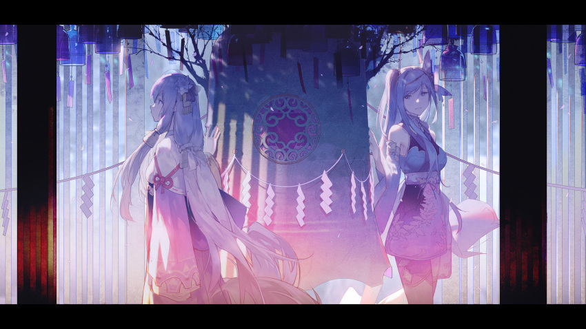 2girls bare_shoulders bell blue_hair butterfly_hair_ornament cangqiong commentary detached_sleeves dress floral_print hair_ornament hand_up highres japanese_clothes kieed long_hair looking_at_viewer multiple_girls purple_hair quad_tails rope shide shimenawa side_ponytail standing very_long_hair vocaloid wide_shot wide_sleeves xingchen