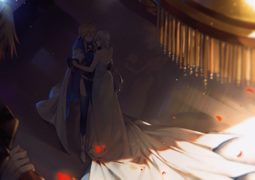 2girls ahoge artoria_pendragon_(all) artoria_pendragon_(lancer) bare_shoulders blonde_hair braid cape chandelier closed_eyes commentary dancing dress fate/grand_order fate_(series) french_braid gown hair_between_eyes hand_on_another's_back highres morgan_le_fay_(fate) multicolored_hair multiple_girls petals rose_petals strapless strapless_dress thigh-highs white_cape yorukun