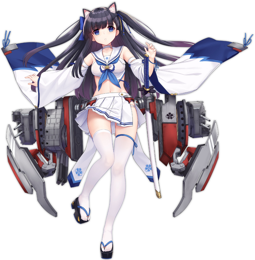 1girl allenes animal_ear_fluff animal_ears azur_lane bare_shoulders black_hair blue_eyes bow breasts cat_ears choker crop_top detached_sleeves floating_hair full_body hair_bow hatsuharu_(azur_lane) highres katana long_hair long_sleeves looking_at_viewer machinery medium_breasts midriff miniskirt navel neckerchief official_art outstretched_arm panties panty_peek platform_footwear pleated_skirt retrofit_(azur_lane) sailor_collar sheath sheathed shirt side_slit skirt solo sword thigh-highs transparent_background turret two_side_up underwear weapon white_legwear white_panties white_sailor_collar white_shirt white_skirt wide_sleeves zouri