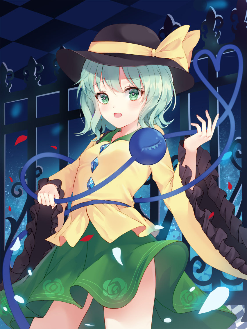 1girl black_headwear checkered collared_shirt cowboy_shot fedora frilled_sleeves frills green_eyes green_hair green_skirt hat hat_ribbon heart heart-shaped_pupils heart_of_string highres hum_(ten_ten) komeiji_koishi long_sleeves looking_at_viewer miniskirt petals ribbon sapphire_(gemstone) shirt short_hair skirt solo symbol-shaped_pupils third_eye touhou wide_sleeves yellow_shirt